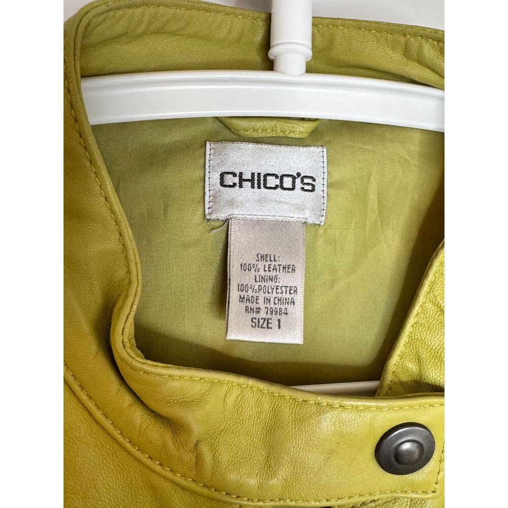Chico's Lime Green 100% Leather Jacket Moto Zip Snap Collar Size 1 M/L - Picture 7 of 7
